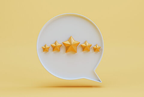 Five golden stars inside white message box for client excellent